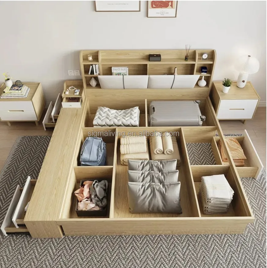 Queen wooden upholstered headboard drawers storage bed