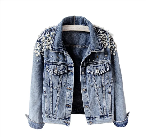 Hot Sale Spring Autumn Ladies Heavy Beaded Denim Jacket Short Long Sleeve Fashion Big Pearl Denim Jacket Wedding Clothing