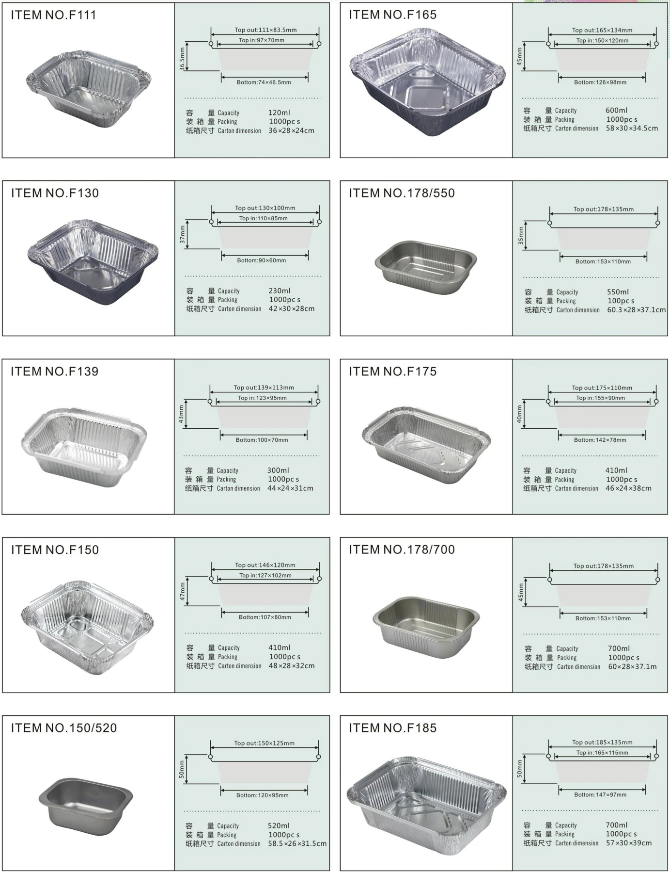 1100ml Large Size Disposable Food Grade Aluminum Bowl with Foil Lid and ...