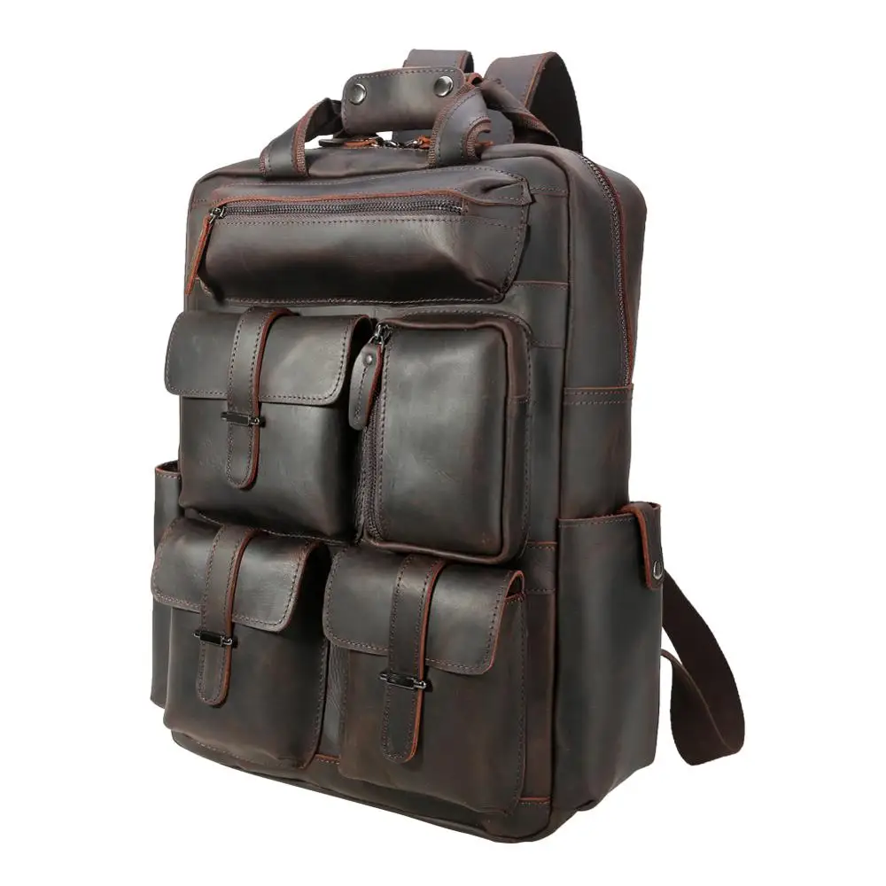 TIDING Vintage Mens Genuine Leather Bag 17 Inch Laptop Backpack