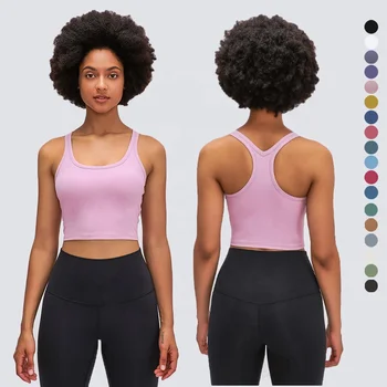 Custom Logo Ladies Fitness Yoga Workout Sleeveless Crop Tops With Pads Women Breathable Soft Racerback Sports Gym Crop Tank Tops