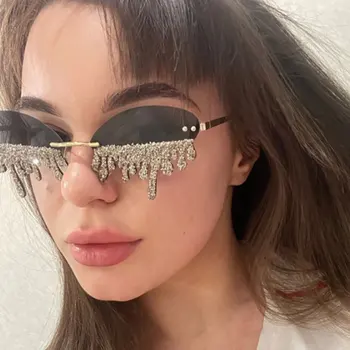 2024 Elegant Drama New Angel Tears Hand-Diamond Encrusted Pink Rimless Cut Edge Sunglasses Fashionable Glass Lens Sun Glasses