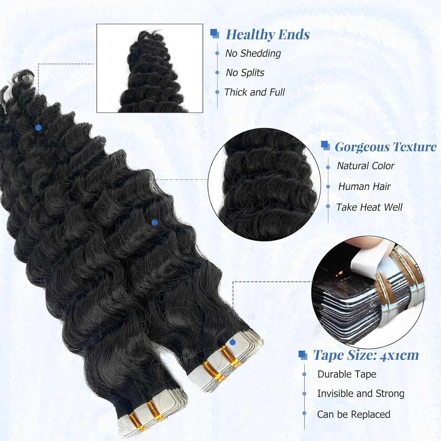 Dybvandsbølge Tape-in hårextensions 100% ægte menneskehår naturligt sømløst naturligt sort usynligt krøllet tape-in til kvinder_voghion.com