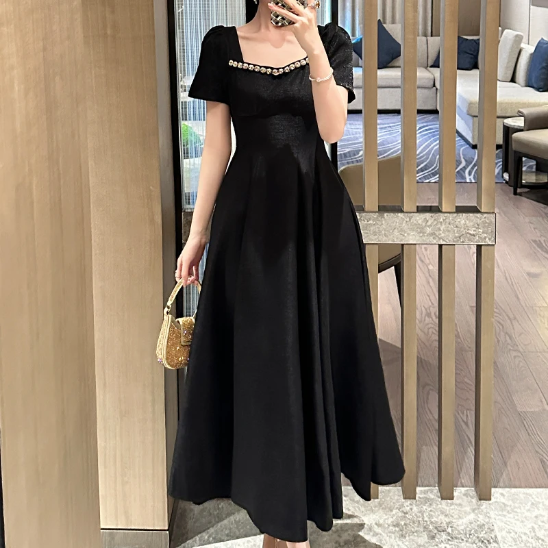 ZYHT 65339 Women Elegant Black Wedding Occasion Dress Short Sleeve A-Line  Party Bead Formal Long Maxi Evening Dress for Ladies