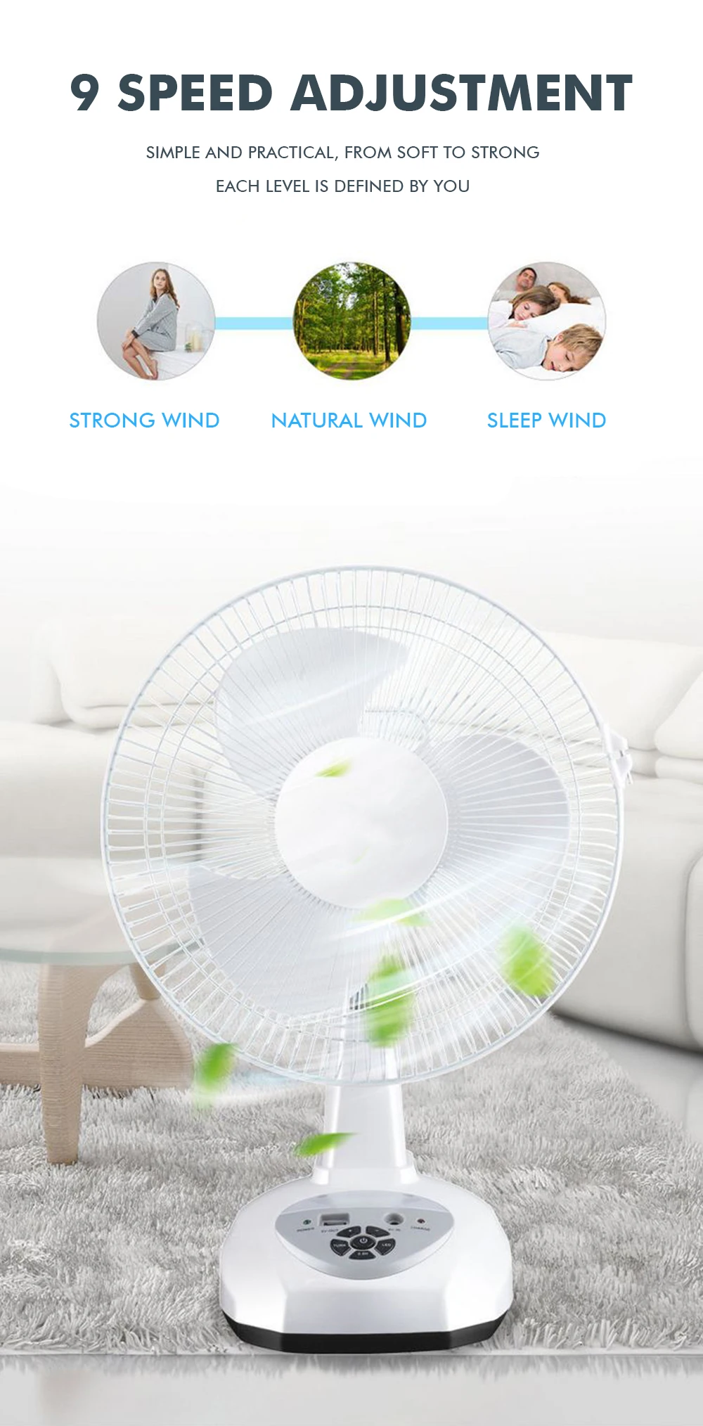 12 Inch 2 Wind Speeds Ac/dc Led Emergency Desk Fan Outdoor Useful Swing Function Rechargeable