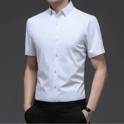 Short-Sleeved Shirt Men's Non-Iron Business Casual Pure Color Thin Silky Bamboo Fiber Summer New Clothing
