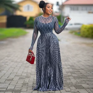 New Floral Print Mix Fabric O-Neck Blue Long Sleeve Casual Summer Eco-Friendly Dress for Women