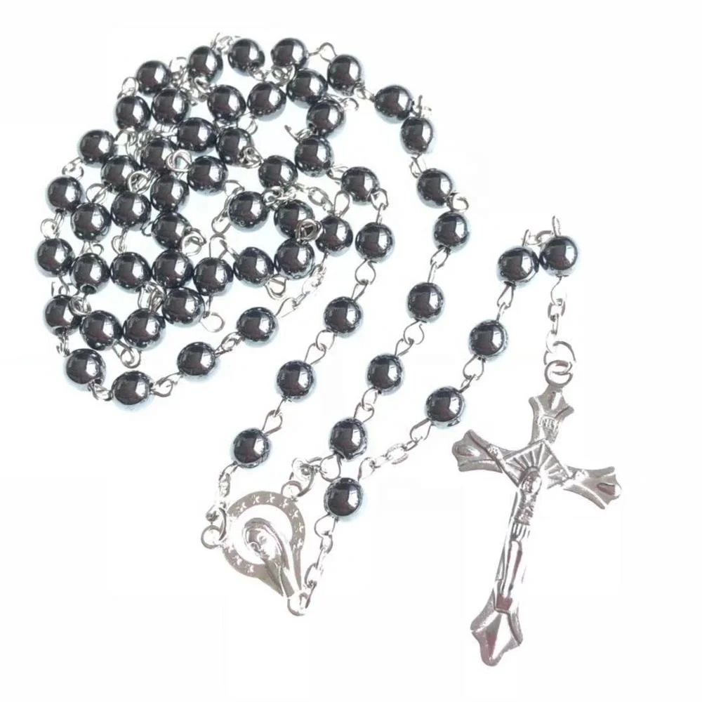 6mm Religious Hematite Rosary Catholic Chain Necklace with Zinc Alloy Jesus Pendant