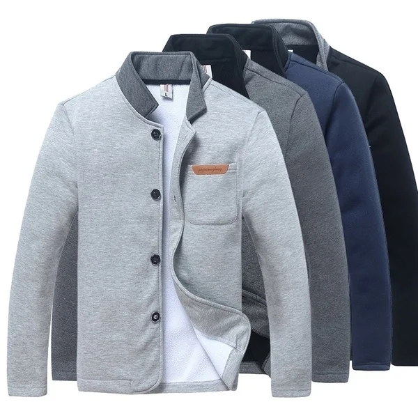 Spring and Autumn Fashion Casual Men’s Slim Edition Single Buckle Solid Color Long Sleeve Sweater Collar Jacket