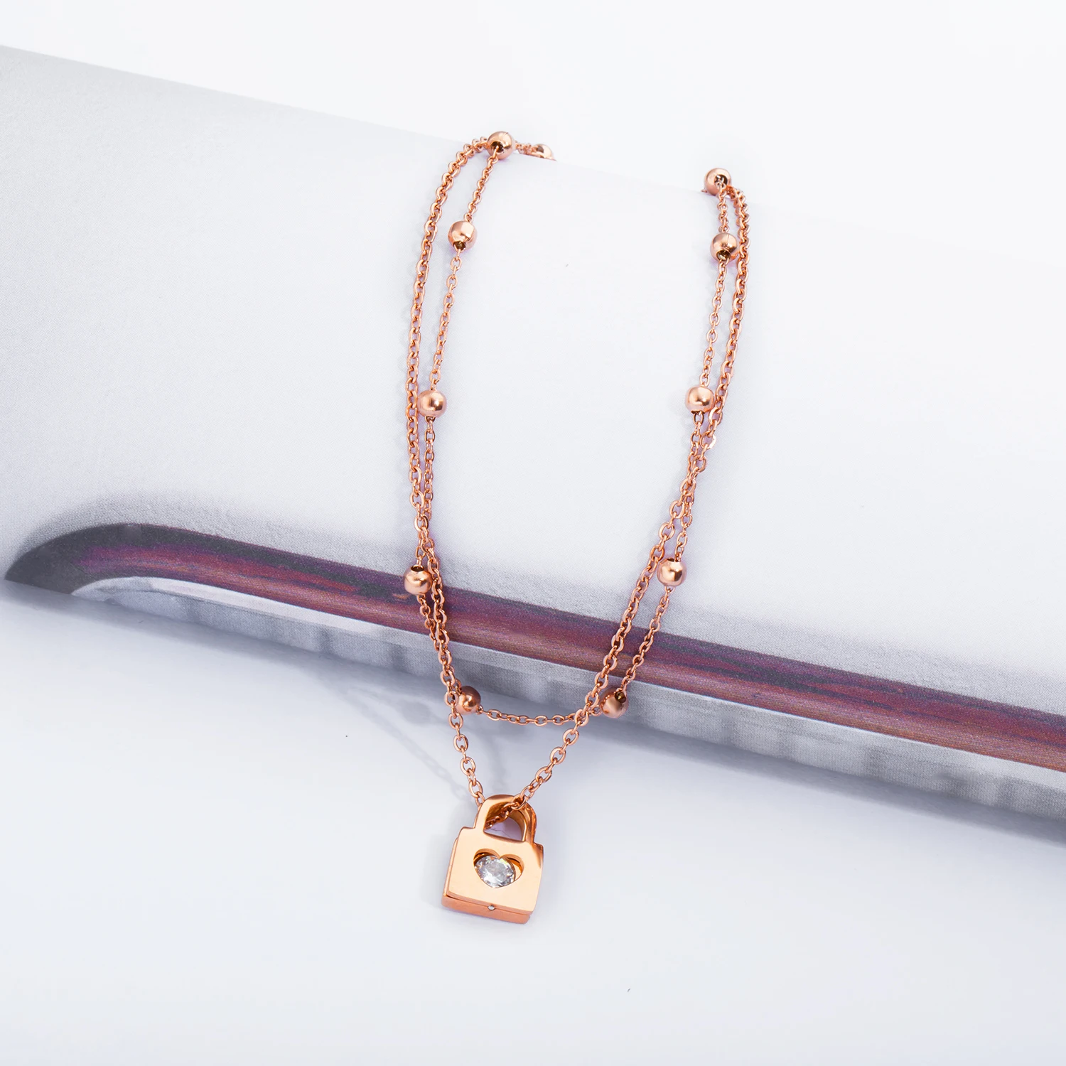 Delicacy rose gold double layer adjustable cuban chain bohemian style zircon lock pendant feet jewelry gift anklet for women