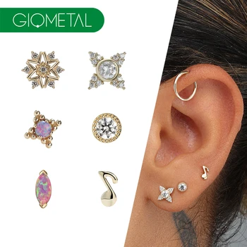 Giometal 14K Solid Gold Branch  Press Fit Threadless Ends Top with Body Jewelry Factory Nose Conch Daith Piercing Wholesale