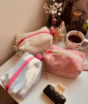 Customized Towel Material Makeup Bag with Exquisite Pendant Cute Girlish Style Portable Storage