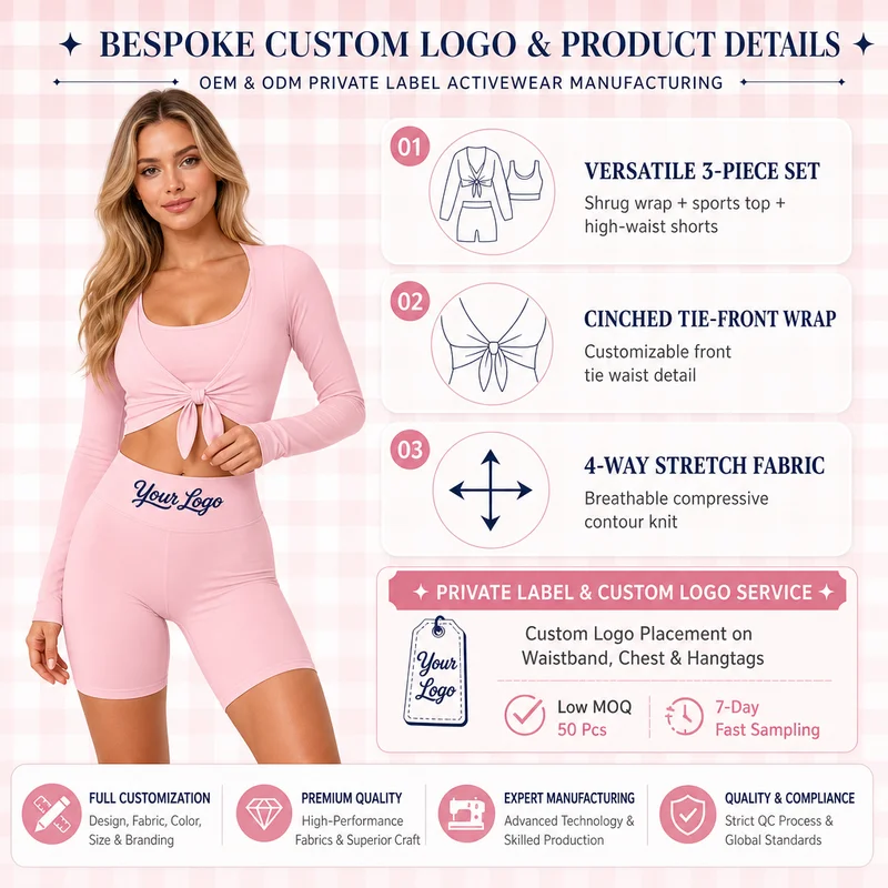 Quick Dry 3 Piece Yoga Set Halter Sports Tank Tie Front Long Sleeve Shrug High Waist Biker Shorts 4 Way Stretch
