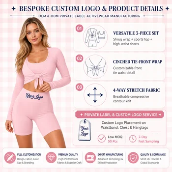 Quick Dry 3 Piece Yoga Set Halter Sports Tank Tie Front Long Sleeve Shrug High Waist Biker Shorts 4 Way Stretch