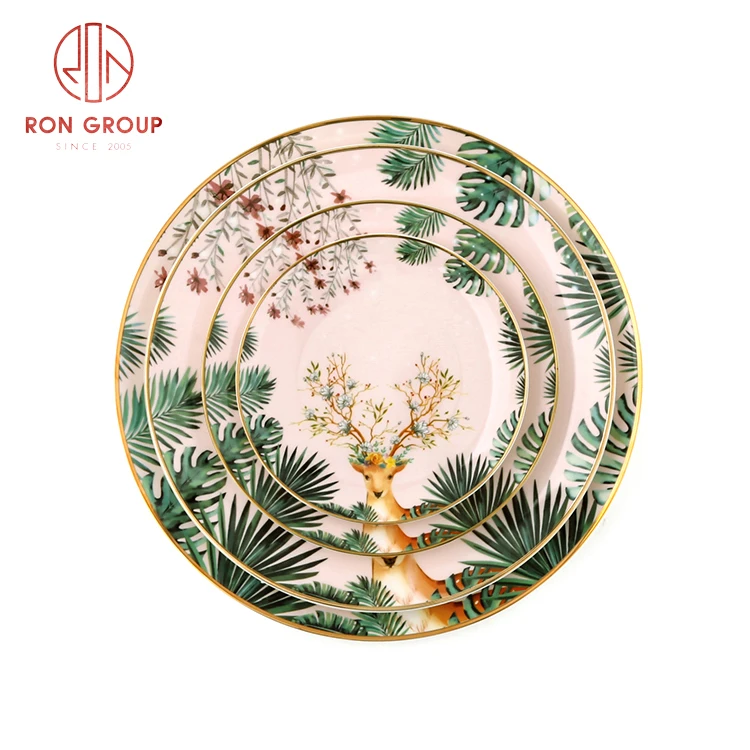 fancy sika deer gold rim pink bone china creative Christmas plates decorative dinner set plates sets dinnerware
