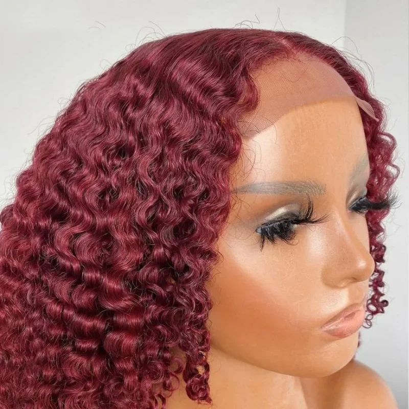Peluca de cabello humano rizado color burdeos 99J con cierre de 4x4 y encaje frontal, peluca corta estilo bob_voghion.com