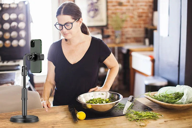 2 in 1 Mobile Phone Holder Tablet Stand Desk 360 Rotate for Desktop Live Streaming Overhead Shoot Video Round Base