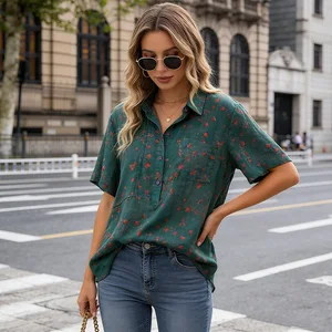 2026 Summer Women New Style Bohemian Stand-Collar Floral Short-Sleeve Top Ladies Elegant Petite Ramie Artistic Shirt