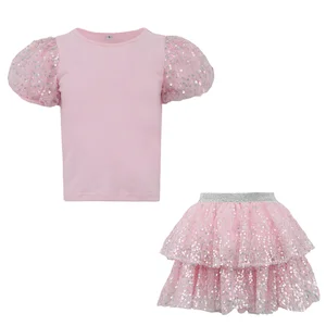 Customizable Girls' Clothing Set Solid Color Sequin Mesh Multilayer Ruffled Top Cake Skirt Girls' Suit with Glitter Decoration