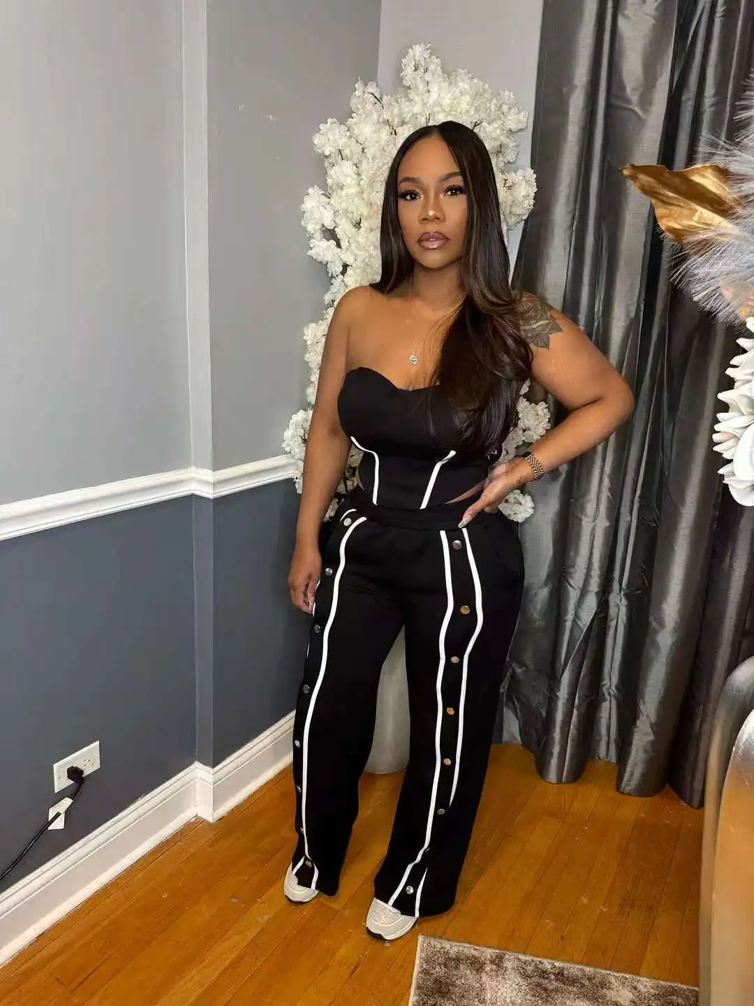 Women's Summer Two Piece Set Designer Soild Tube Crop Top and Wide