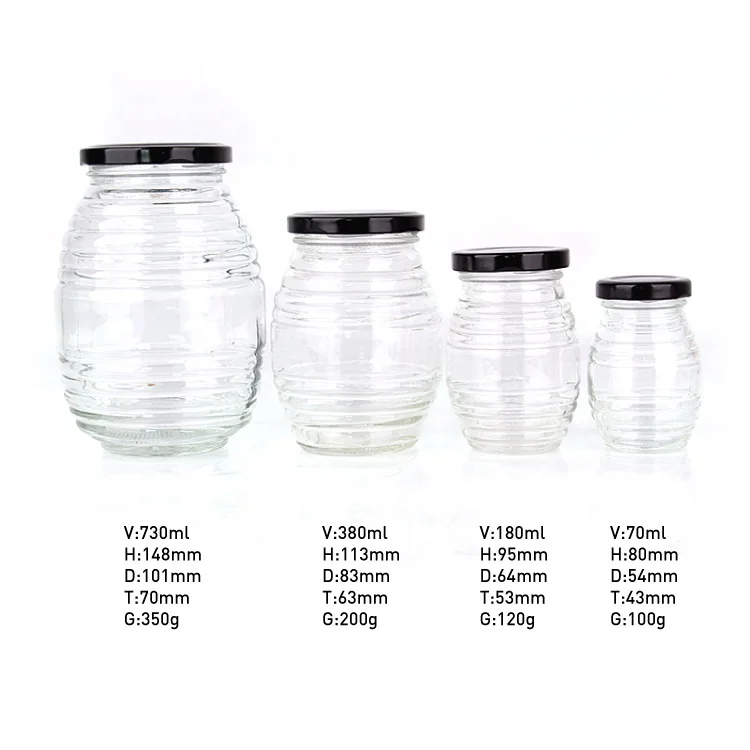 Cheap 70ml 180ml 380ml 730ml Honey Jam Glass Jars in Bulk with Black Metal Lid