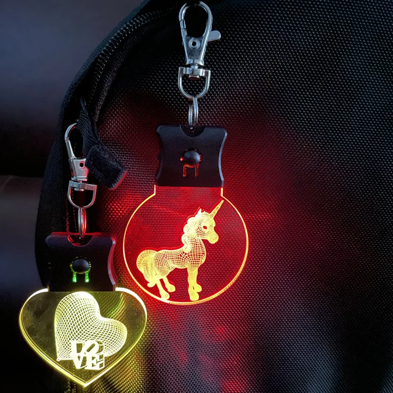 Customized Multi Design 3D Laser Engraved Blank Acrylic Keychain Led Pendant Light RGB Color Changing LED Crystal Key Chain Gift