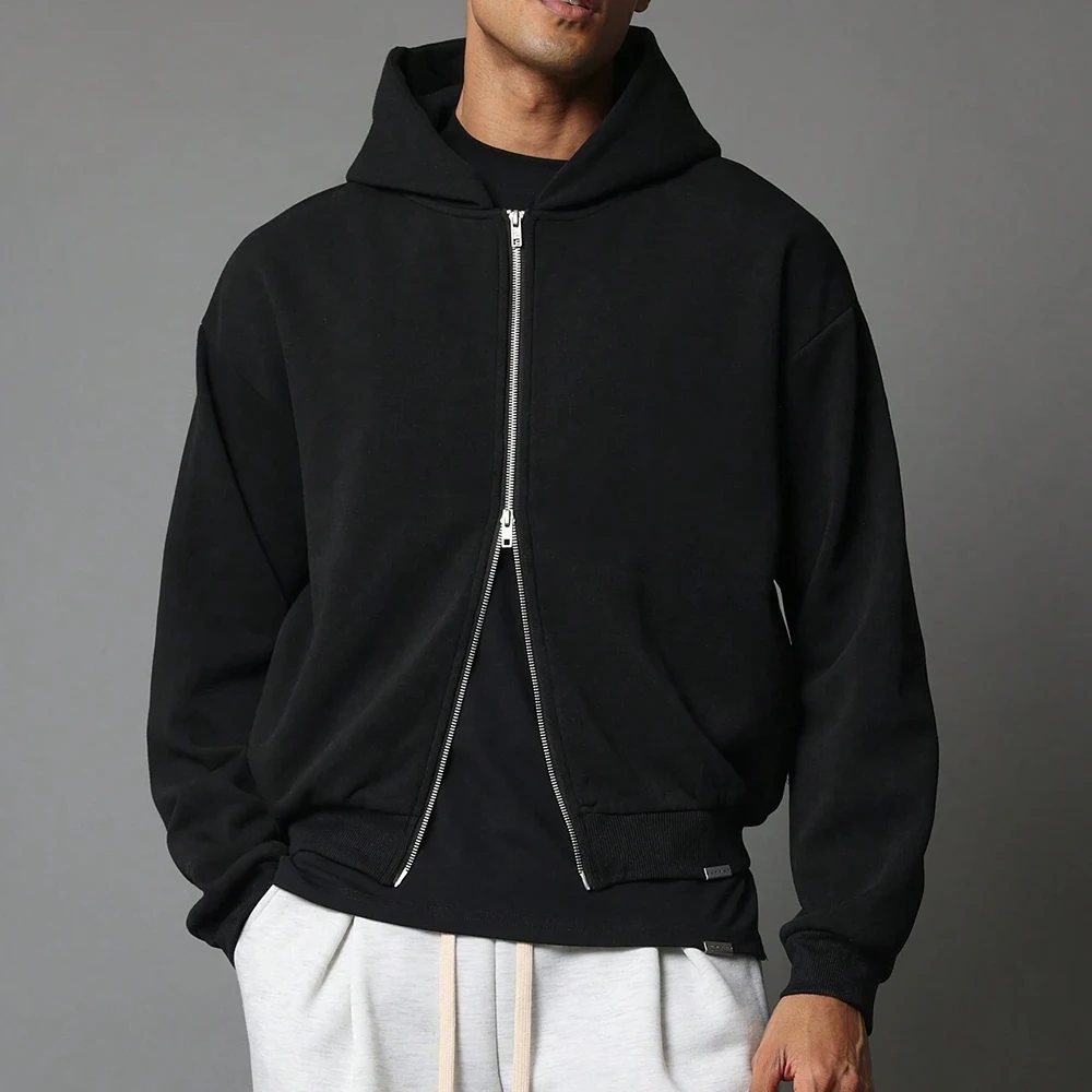 Customized Performance Knitted Fabric Drop Shoulder Pullover Hooded Sweatshirt Men Crop Fit Zip up No String Sport Hoodie Men