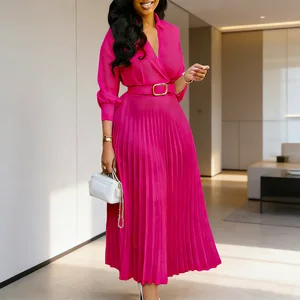 2026 Trendy Spring Dresses Women Lady Elegant Long Sleeve V-neck Pleated Office Dress Elegant Casual Dresses With Belt