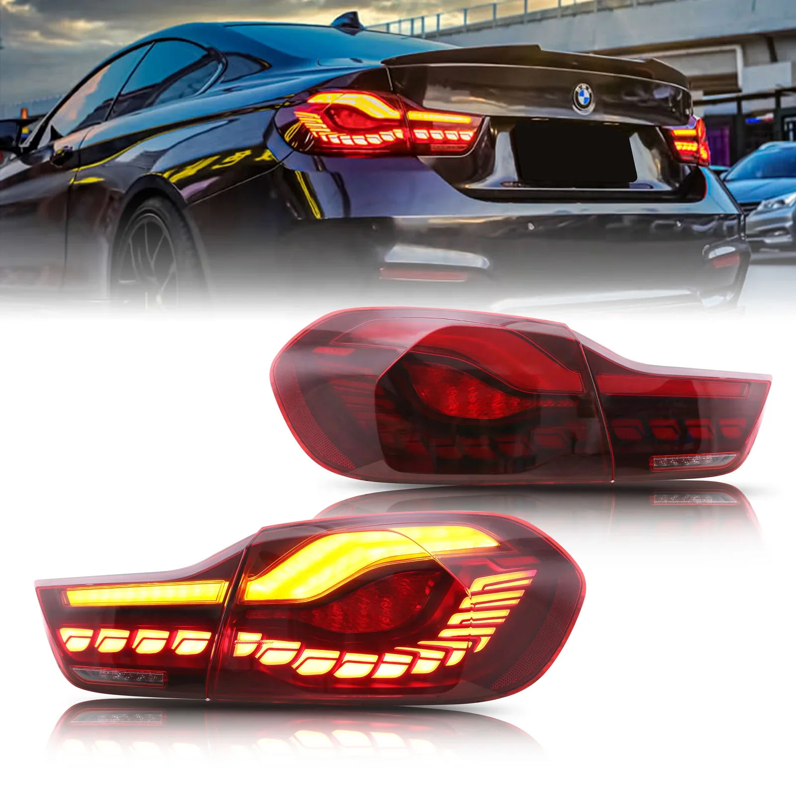 Modified 2014-2020 F32 F33 F36 4 Series F82 M4 GTS Clear Red/Smoked LED Rear Taillights Plug and Play for BMW