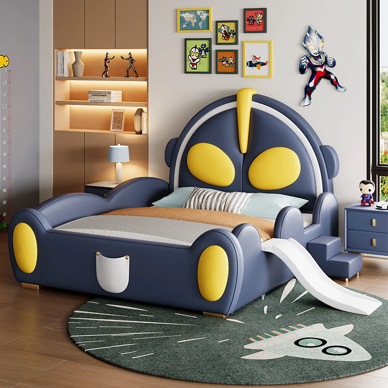 Ultraman Style Bed Solid Wood with Guardrail Soft Cover Headboard Slide Cartoon Castle Boy Leather Bed