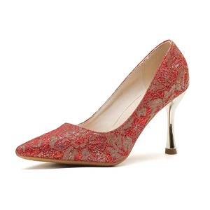 Chic Women's Red Lace & Glitter Pointed-Toe Comfortable Summer Slip-On Stiletto Heel Pumps with Metallic Heel