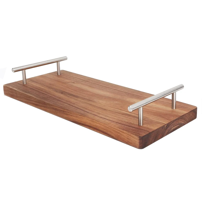 Wholesale Decorative Home Coffee Table Tray Acacia Wooden Breakfast Tray Serving Tray with Stainless Steel Handles