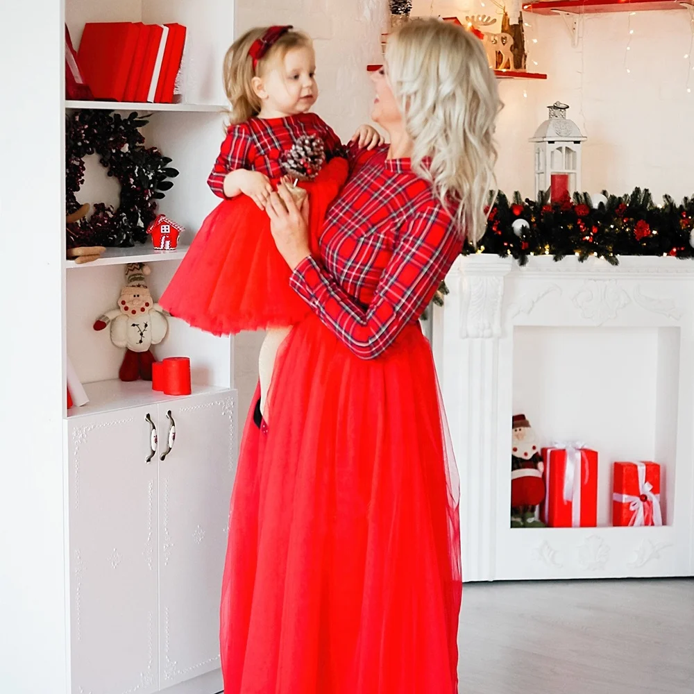 RTS Mommy and Me Red and Black Checker Xmas Plaid Design Outfits Mom and Me Christmas Dresses