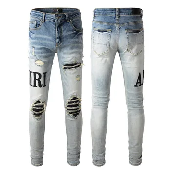 Low MOQ Street Style Men's Light Jeans High Quality Thin Embroider Patchwork For Amiriy Jeans Boys Ripped Denim Jeans