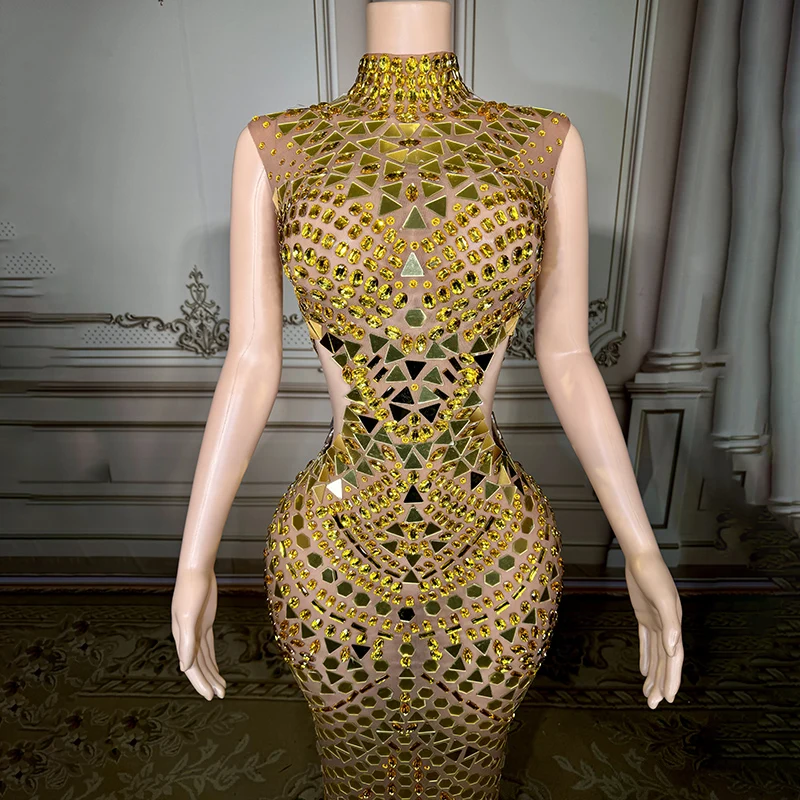 Gold Rhinestone Clothing Womens Elegant Lady Clothes Sleeveless Luxury  Evening Dresses for Birthday Party