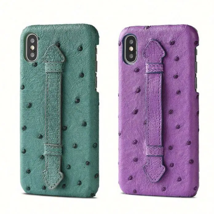 PC003 Custom Logo Multiple Color Genuine Ostrich Skin Leather Mobile Phone Case  Cover for iPhone With Handle