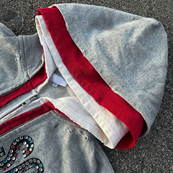 Wholesale Custom Streetwear Double 3 Zipper Acid Wash Vintage Baggy Boxy Rhinestone Triple Layer Zip up Hoodie for Men gallery 4