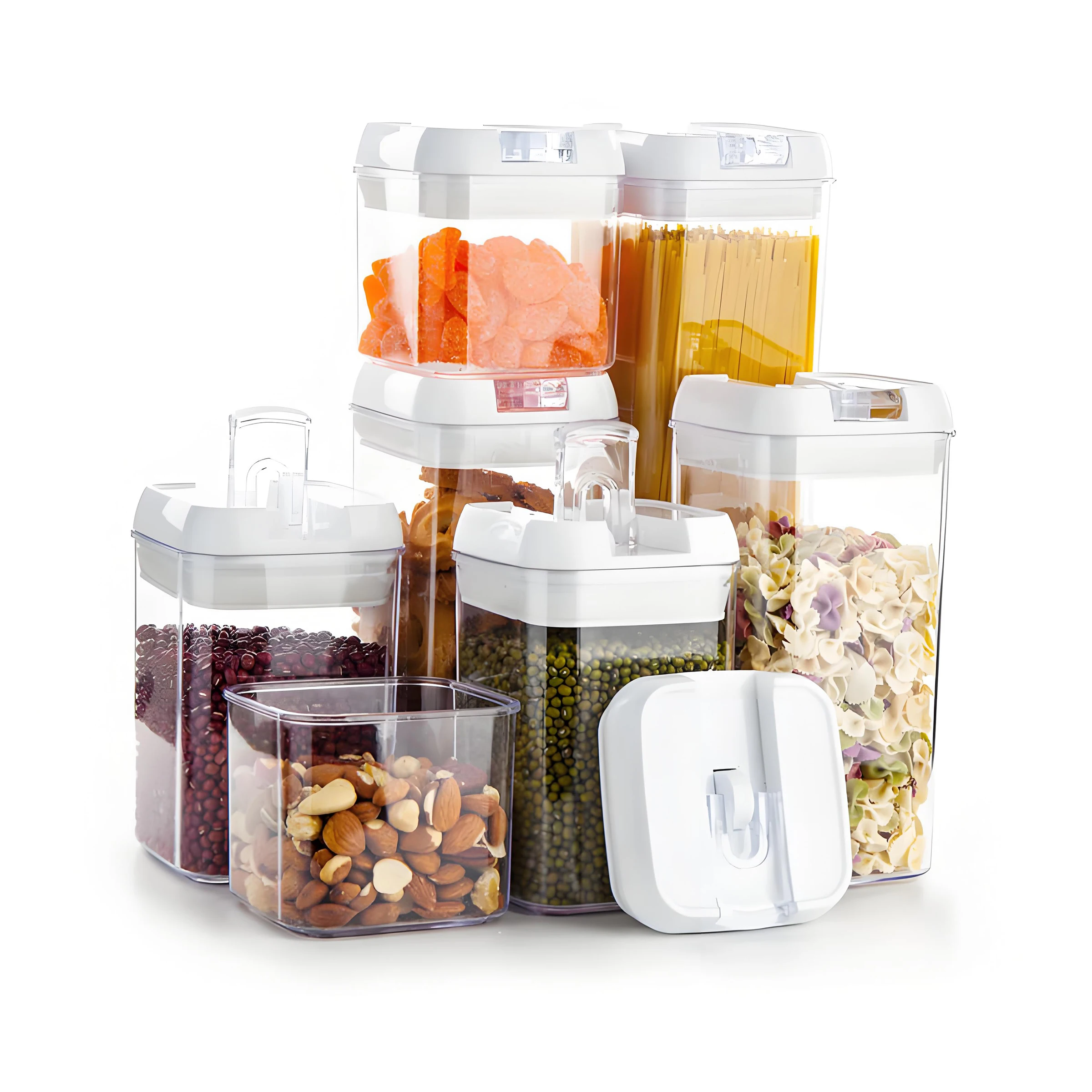 conjunto de 7 Potinhos Plásticos Premium Transparentes com Tampa Aérea para Armazenamento na Cozinha Garrafas Organizador de Alimentos