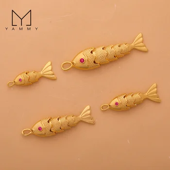 New Glossy Brass Fish Charms 18K Real Gold Plated Red Eye Fish Pendants Charms For DIY Necklace Women