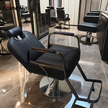 Vintage Style Foldable Beauty Hair Salon Chair Hydraulic Pump Chrome Base Synthetic Leather for Barber Shop Clients Hotel Use