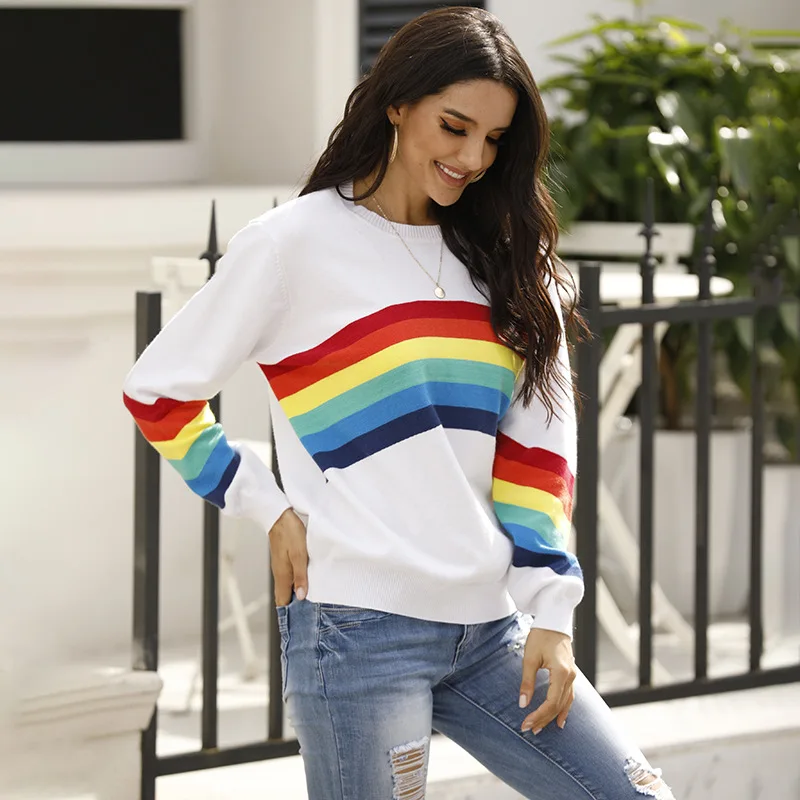 Fall New Student Knitwear Top Fashion Rainbow Stripe Long Sleeve Pullover Women