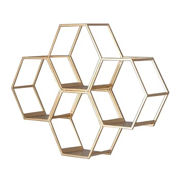 Mayco Modern Gold Hexagonal Cube Floating Storage Decorative Metal Wall ...