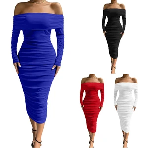Unique Design off Shoulder Long Sleeve Bodycon Dresses Women Lady Elegant Ruched Formal Evening Dresses
