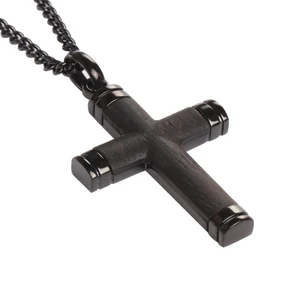 Custom Engraved Religious Christian Crucifix Men's Stainless Steel & Ebony Wood Handmade Cross Pendant Necklace with Chain