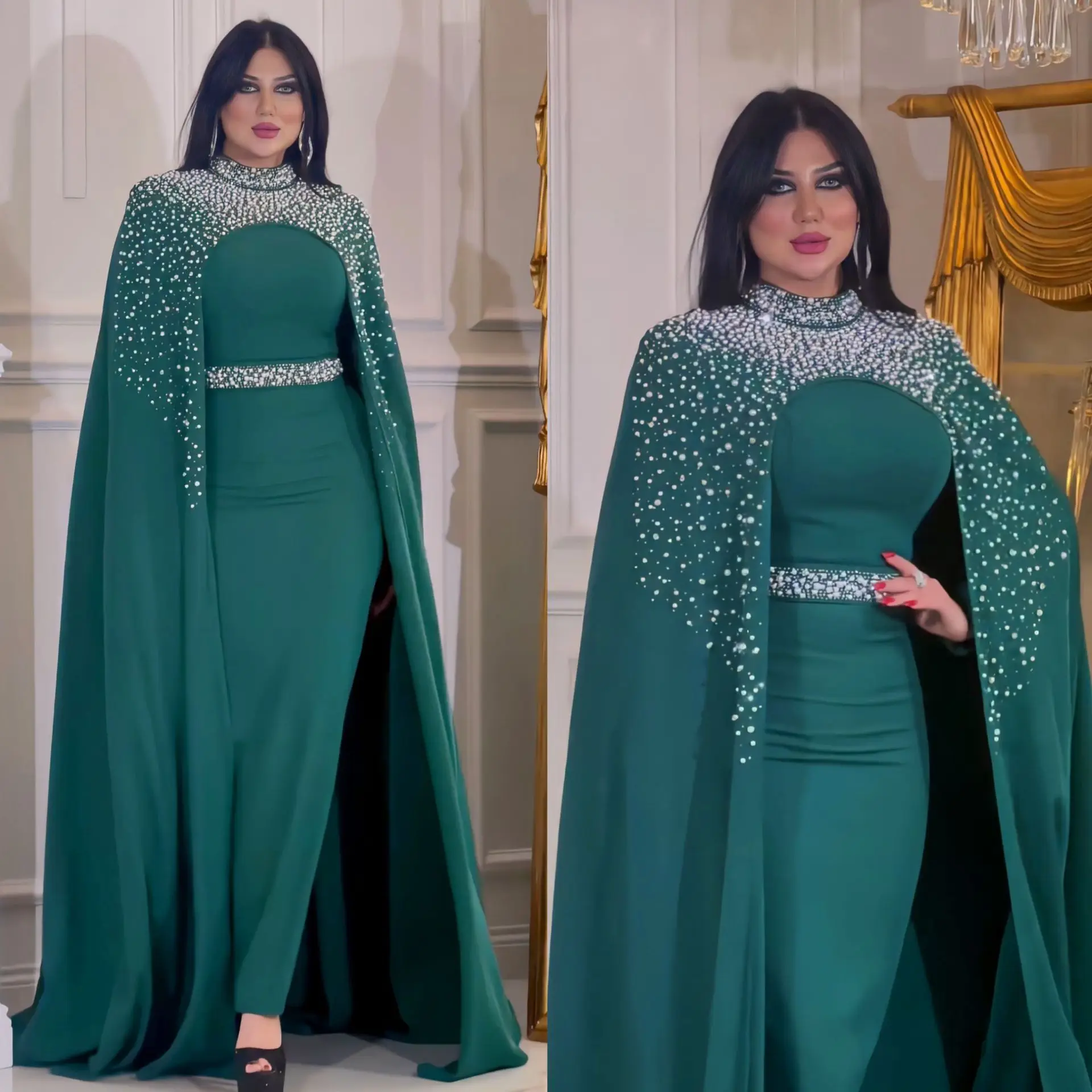 Satin Pure Handwork Rhinestone Chic Solid Short Sleeve O-Neck Belted Clothing Elegant Muslim Summer Long Dress 2023