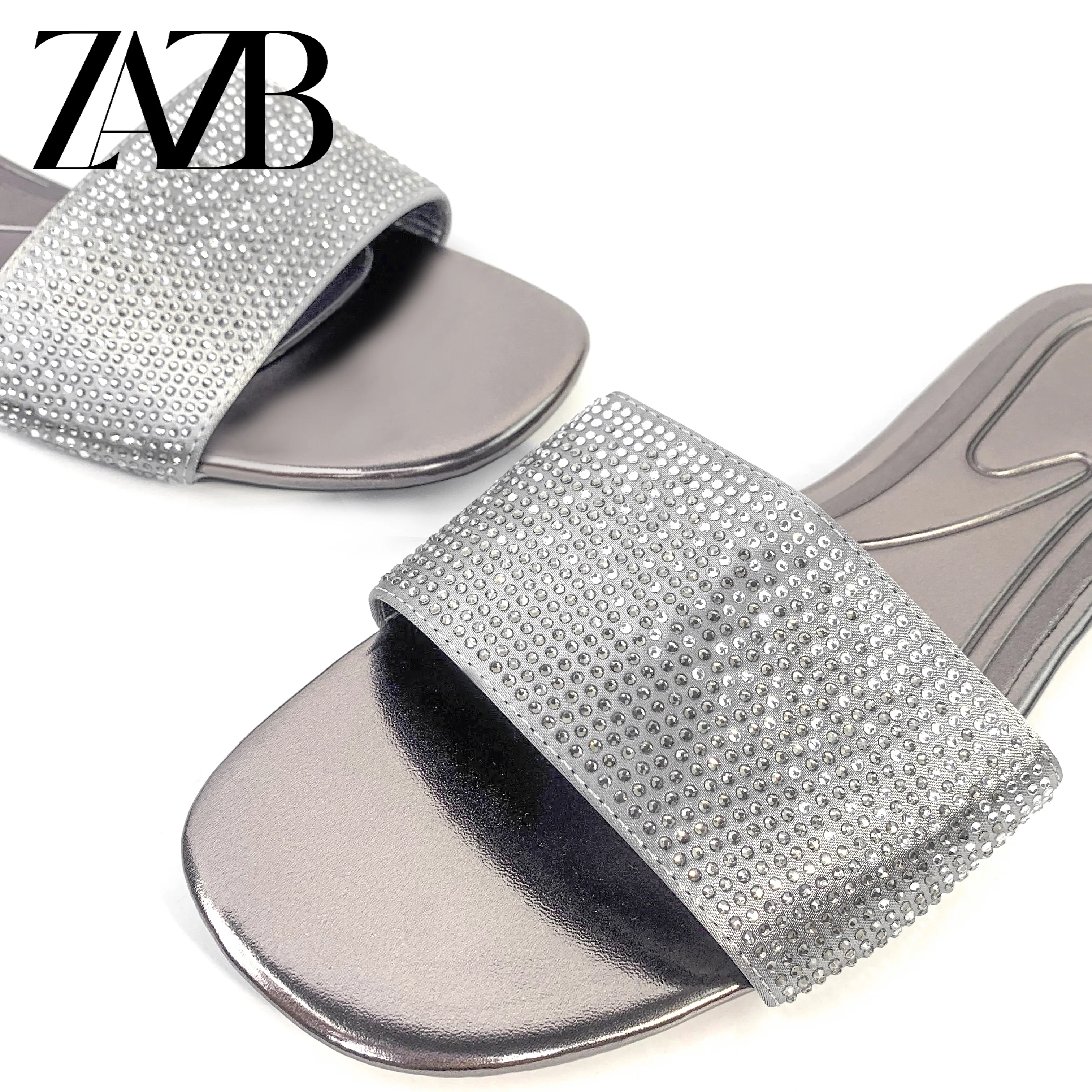 OYOANGLE Women's Rhinestone Sandals - Open Toe Glitter Slip On Flats, Casual Leather Slides
