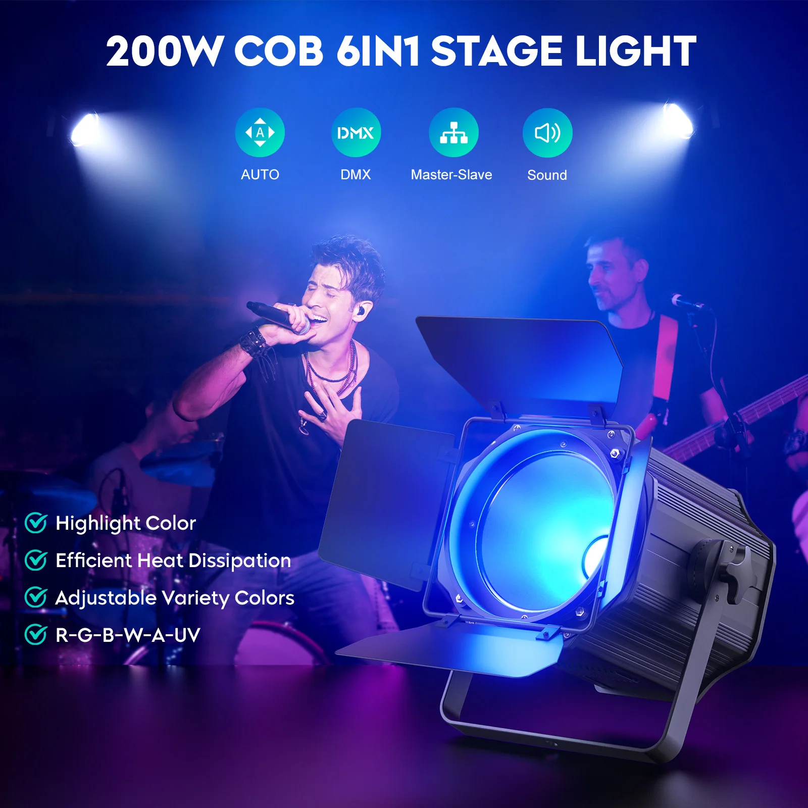 200W COB Linear Spotlights with Barn Doors RGBWA UV 6in1 COB Par Light for Stage Party,Concert Church Wedding Theater