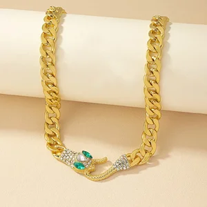 Trendy Women's Stainless Steel Snake Necklace Diamond Emerald Inlaid Popular Ins Choker Chain Personalized Jewelry Temperament