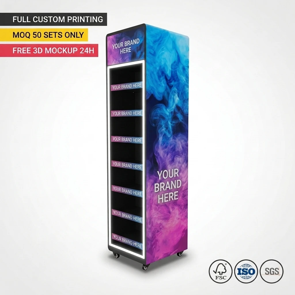 Custom Metal Floor Standing Cigarette Display Stand Tobacco Retail Display Rack With LED Light & Logo for Smoke Shop