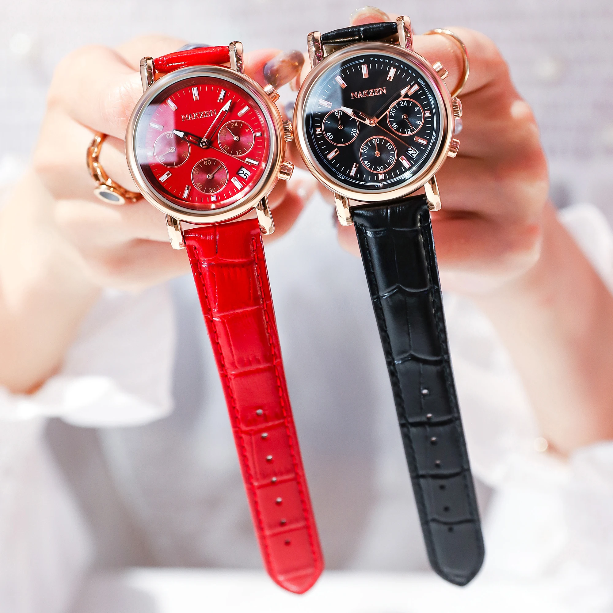 Pindows Women\'s Red Elegant Quartz Analog Leather Strap Fashionable Wrist Watch Women main image 3